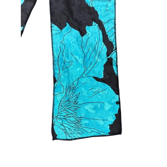 Vintage Long Floral Scarf With Blue Leaf Flower Design On Black Background Headw - Picture 2 of 4